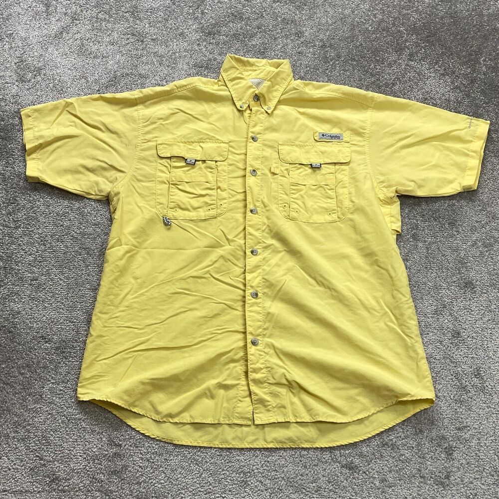 Columbia PFG Omni Shade Bahama Shirt Mens Yellow Button Down short Sleeve Casual